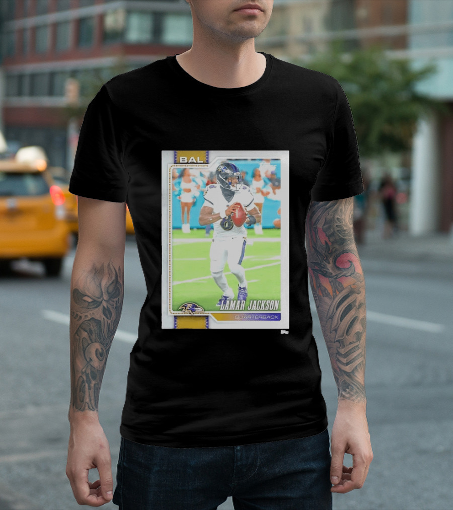 Lamar Jackson Baltimore Ravens Quarterback Topps Trading Card Authentic NFL Edition T-Shirt