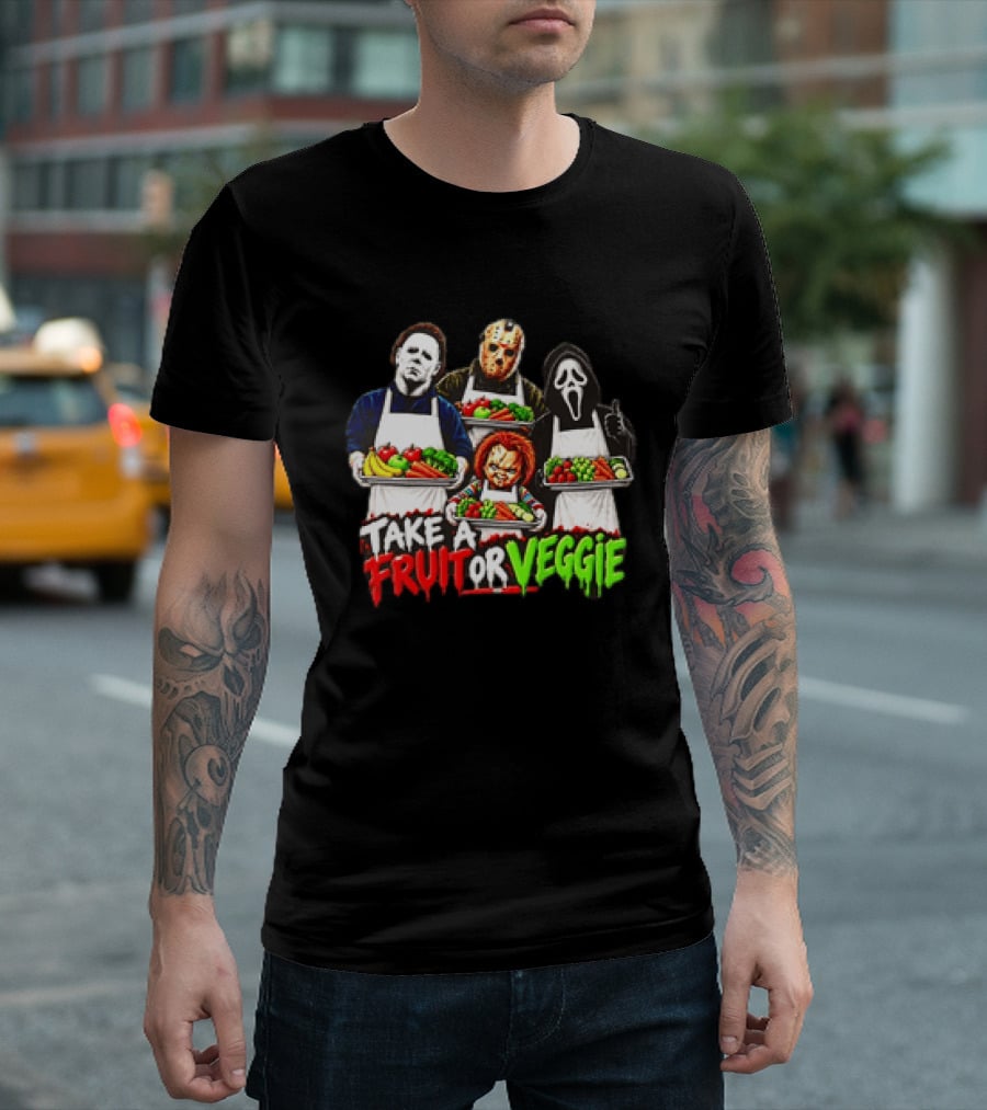 Michael Myers Jason Voorhees Ghostface Chucky Horror Movie Take A Fruit Or Veggie T-Shirt