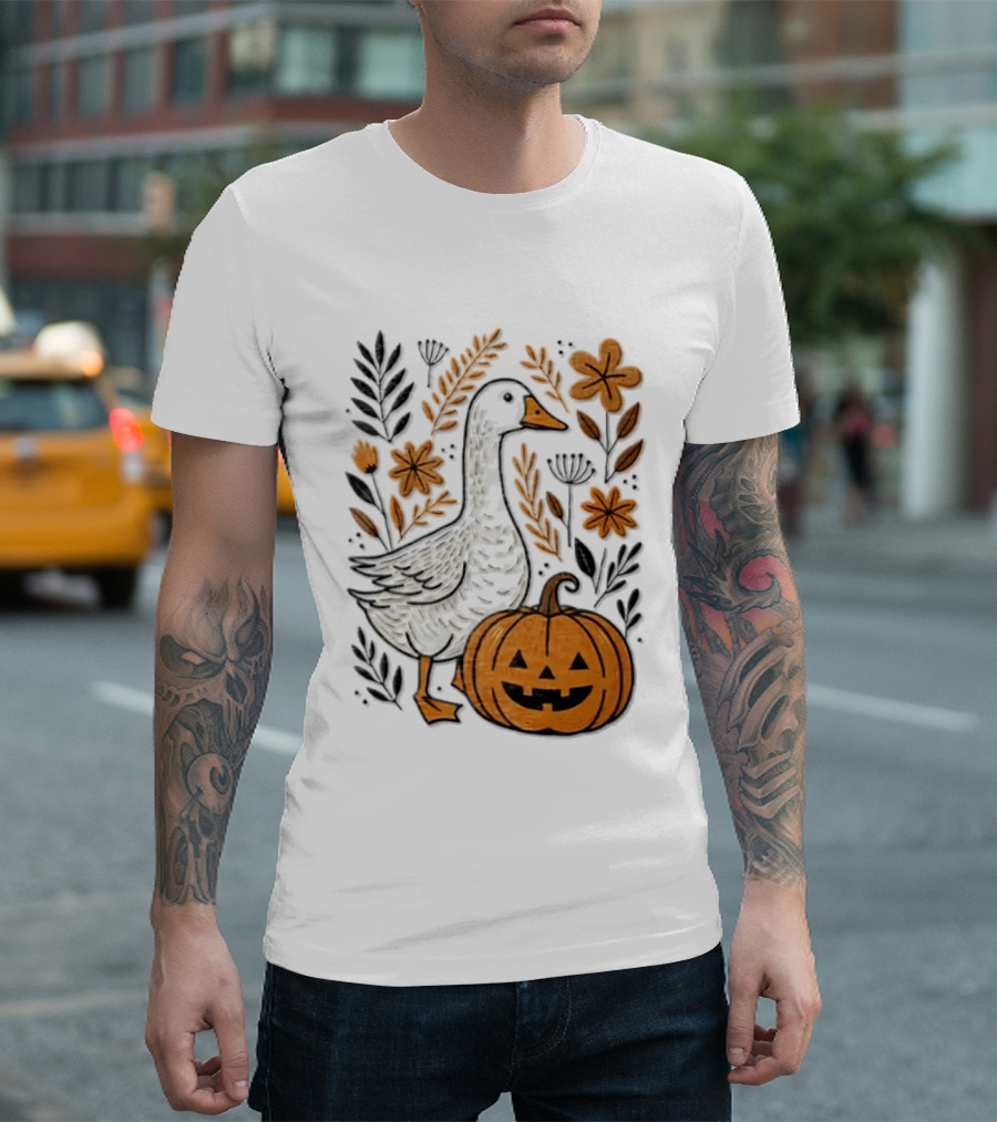 Goose With Jack O' Lantern Pumpkin Autumn Leaves And Flowers T-Shirt