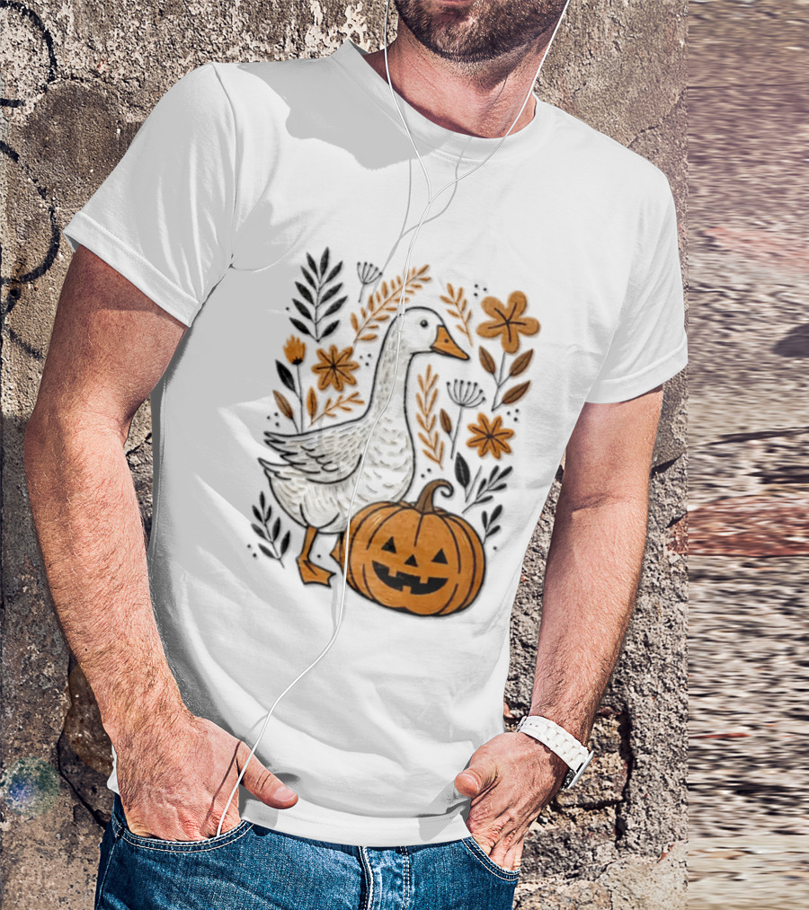 Goose With Jack O' Lantern Pumpkin Autumn Leaves And Flowers T-Shirt