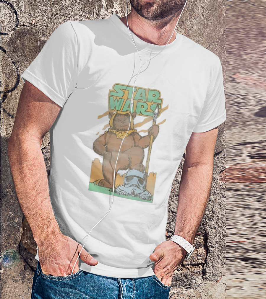 Star Wars Ewok Holding Spear With Stormtrooper Helmet T-Shirt