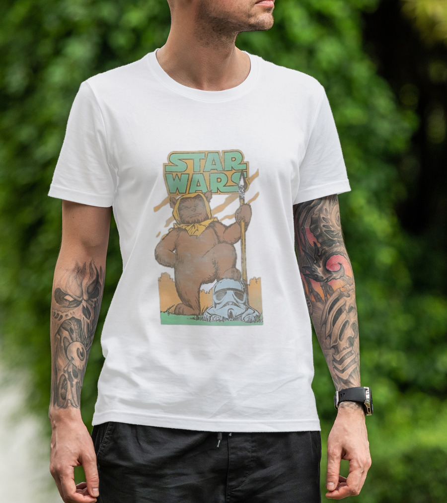 Star Wars Ewok Holding Spear With Stormtrooper Helmet T-Shirt