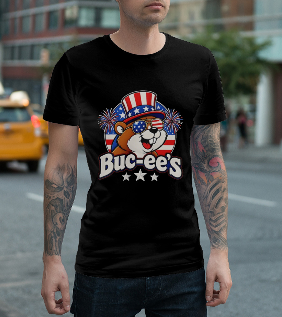 Buc Ee's Patriotic Beaver Fireworks Hat And Sunglasses Celebration T-Shirt