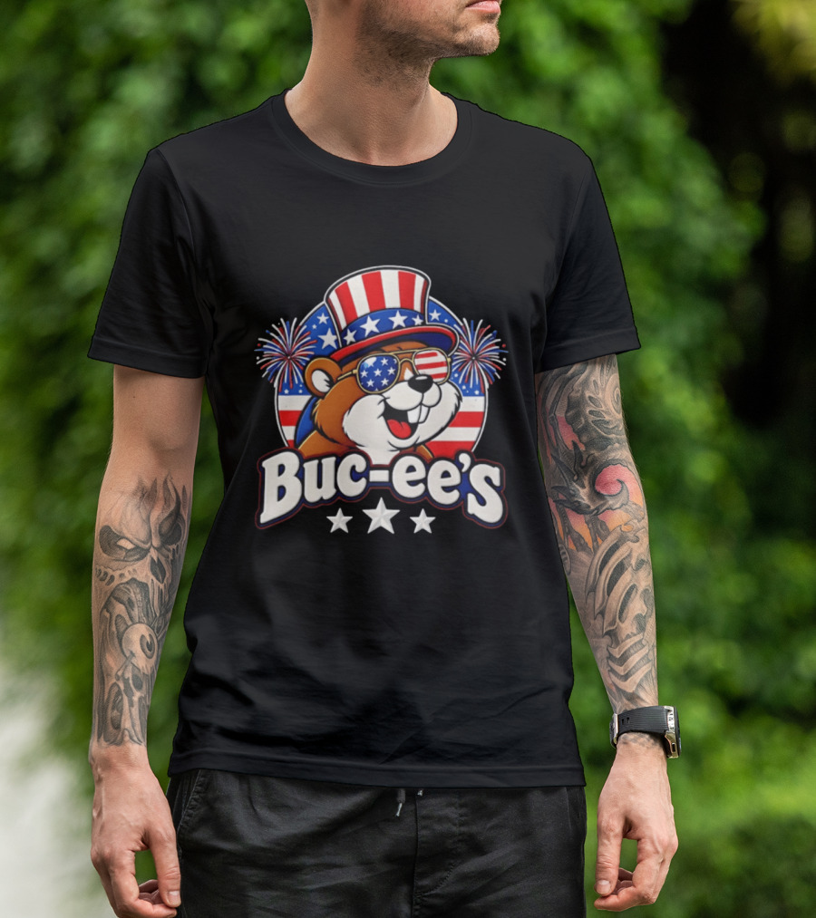 Buc Ee's Patriotic Beaver Fireworks Hat And Sunglasses Celebration T-Shirt