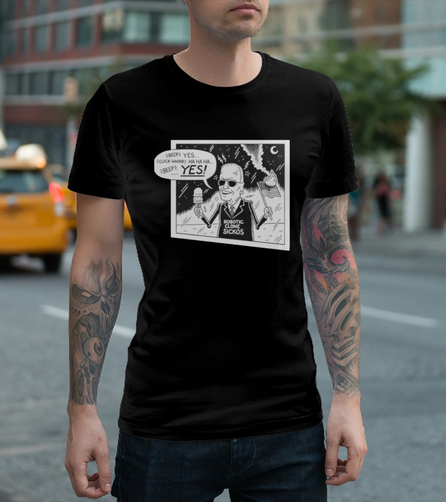 Joe Biden Robotic Clone Sickos Cartoon Ice Cream Flag Speech Bubble BEEP YES T-Shirt