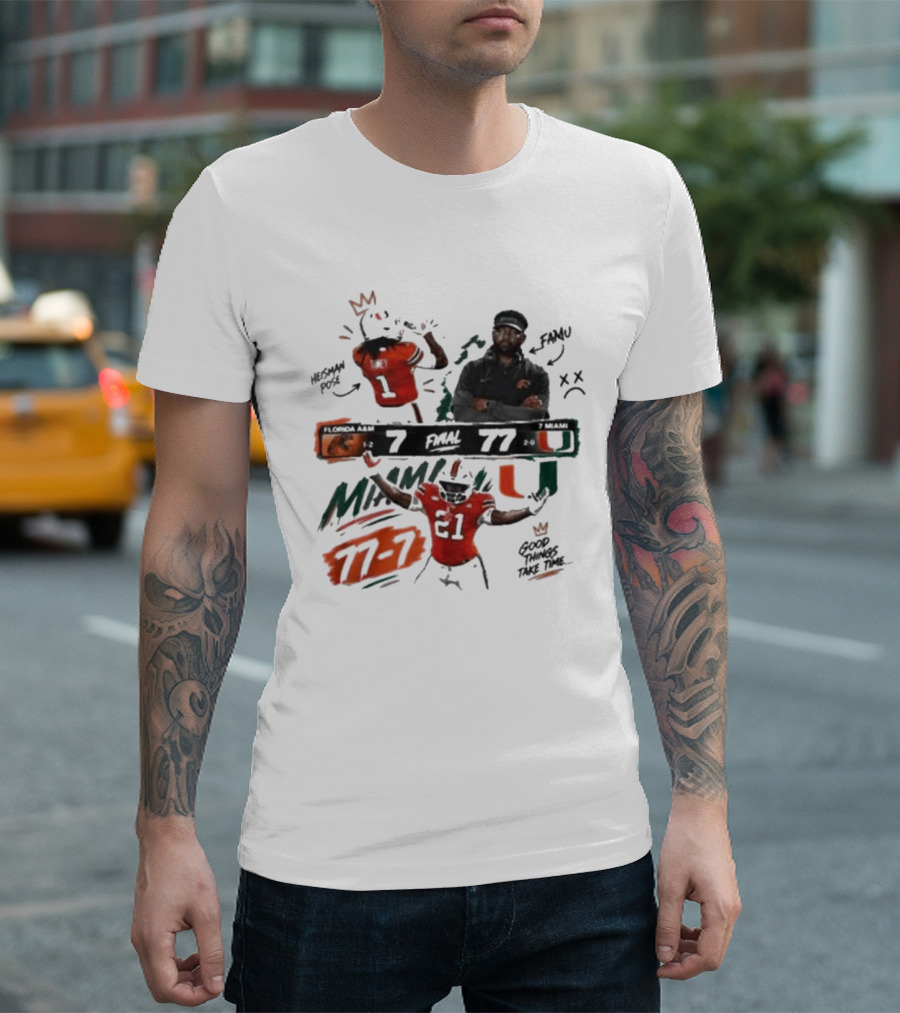 Miami 77 Final Florida A&M 7 College Football Game Highlights T-Shirt