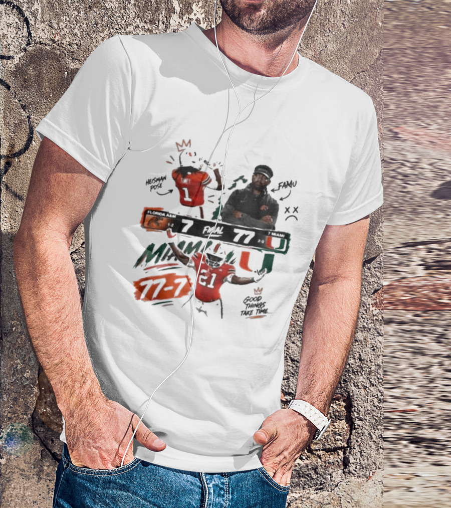 Miami 77 Final Florida A&M 7 College Football Game Highlights T-Shirt