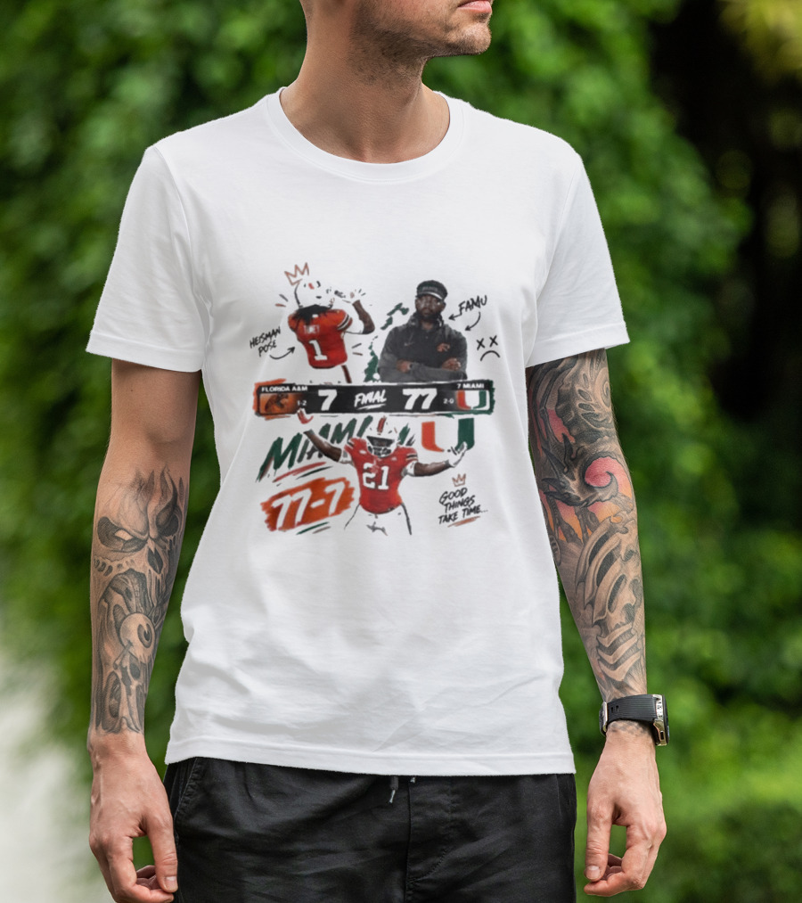 Miami 77 Final Florida A&M 7 College Football Game Highlights T-Shirt
