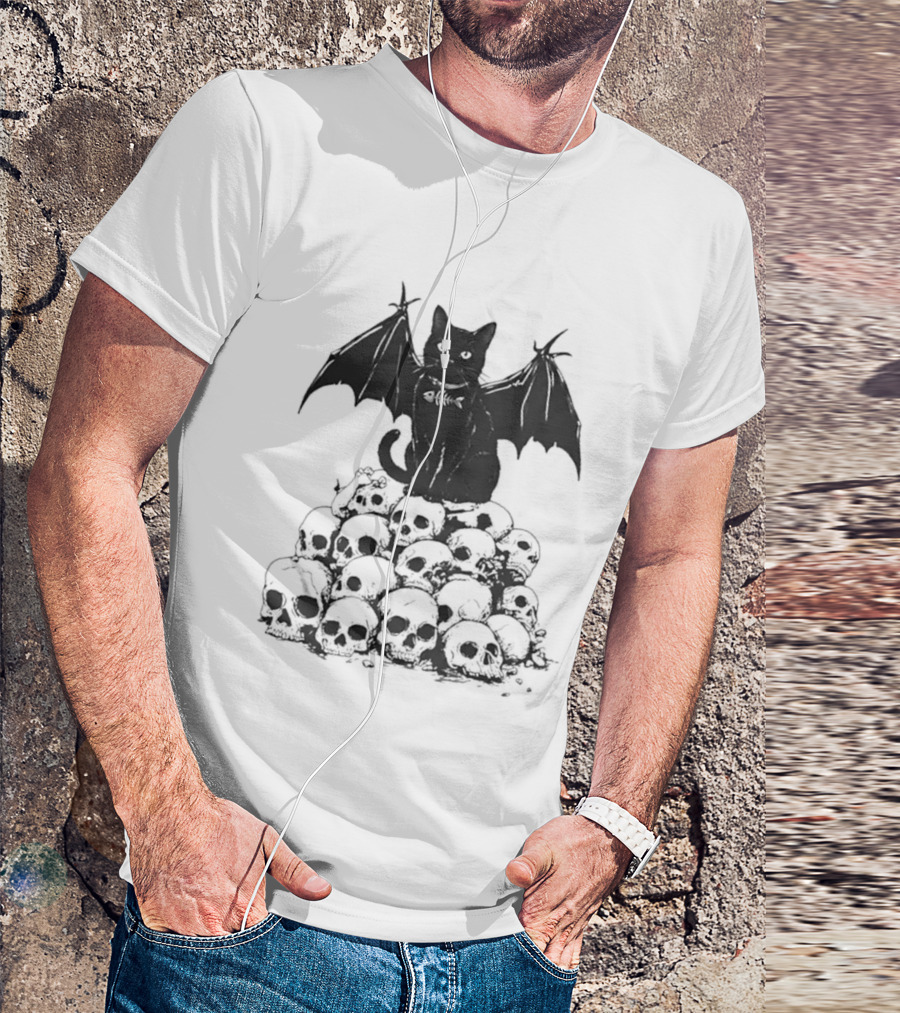 Black Bat Cat Sitting On Human Skulls T-Shirt