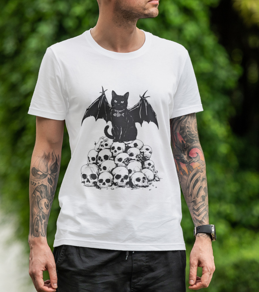 Black Bat Cat Sitting On Human Skulls T-Shirt