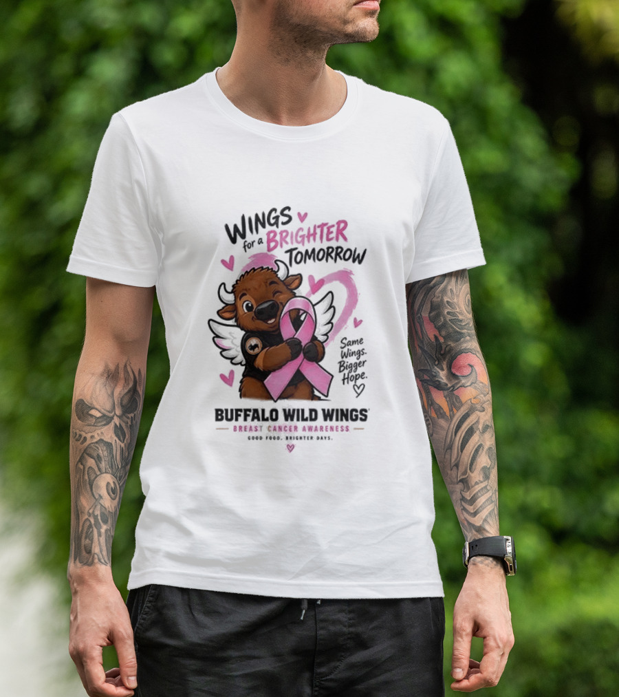 Wings For A Brighter Tomorrow Buffalo Wild Wings Breast Cancer Awareness Pink Ribbon Hearts T-Shirt