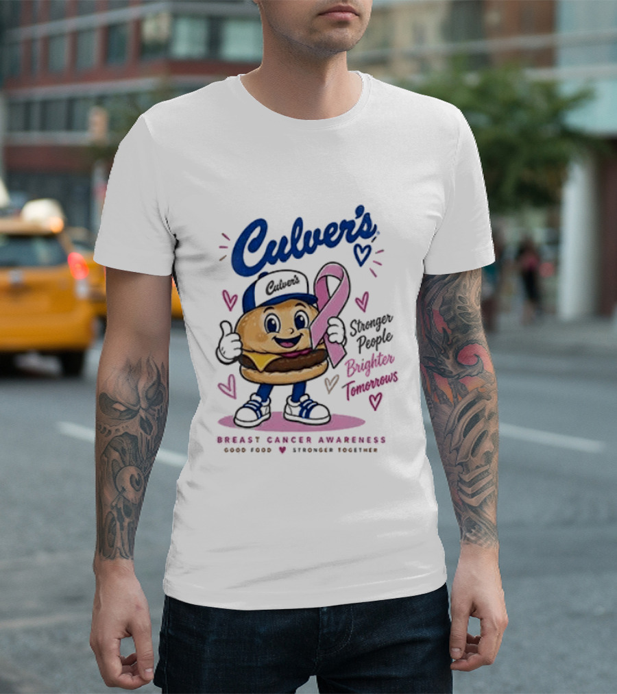 Culver's Breast Cancer Awareness Stronger People Brighter Tomorrows Burger Character With Pink Ribbon T-Shirt