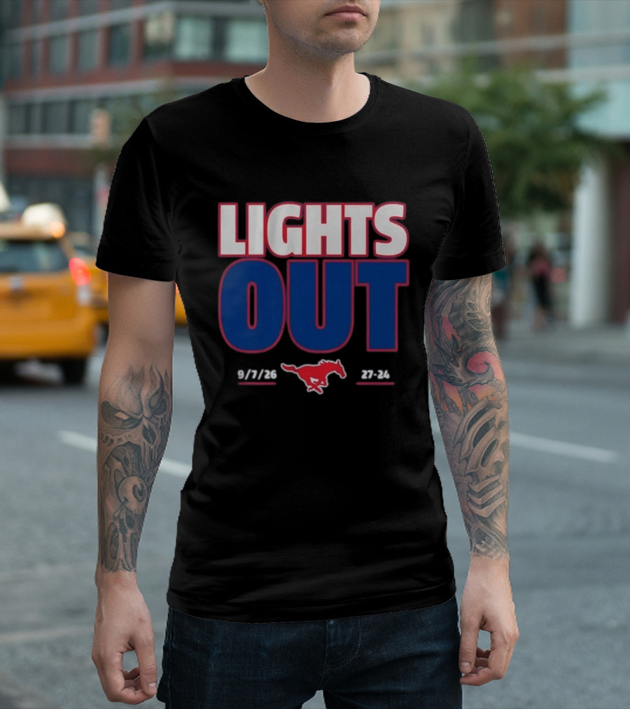 SMU Mustangs Football Lights Out 9 7 26 27 24 T-Shirt
