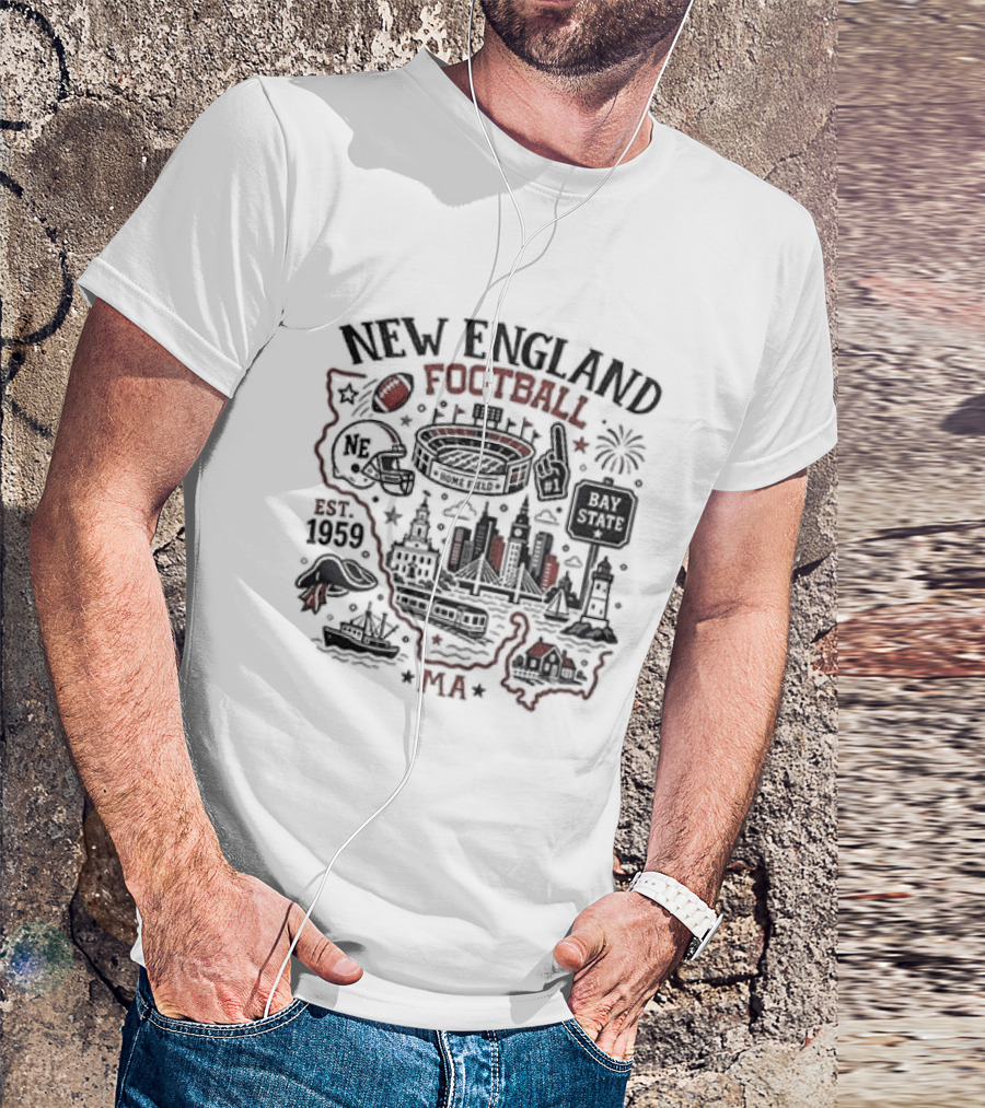 New England Football Est 1959 Massachusetts Map Stadium T-Shirt