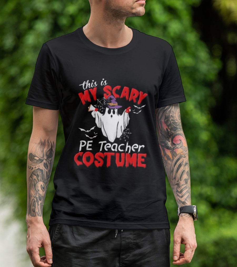 Scary PE Teacher Costume Ghost Witch Hat Whistle Megaphone Halloween T-Shirt