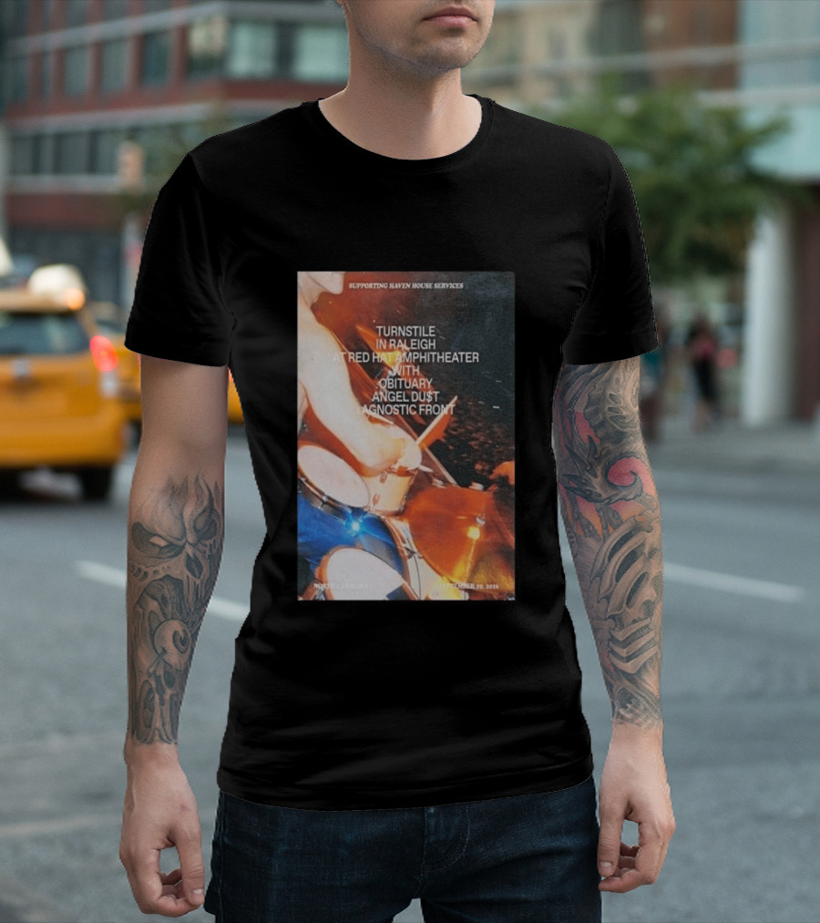 Turnstile Raleigh Red Hat Amphitheater September 29 2026 Obituary Angel Dust Agnostic Front Concert Supporting Haven House Services T-Shirt