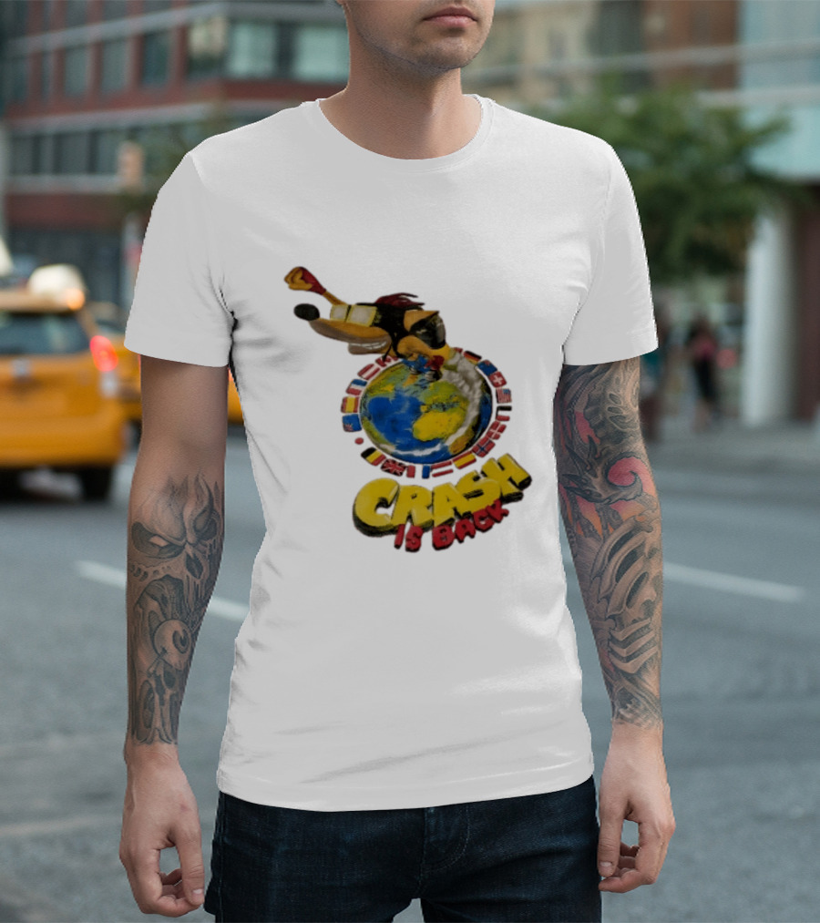 Crash Is Back Jetpack Adventure World Flags Globe Cartoon T-Shirt