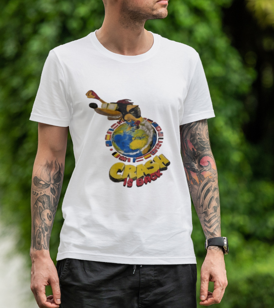 Crash Is Back Jetpack Adventure World Flags Globe Cartoon T-Shirt
