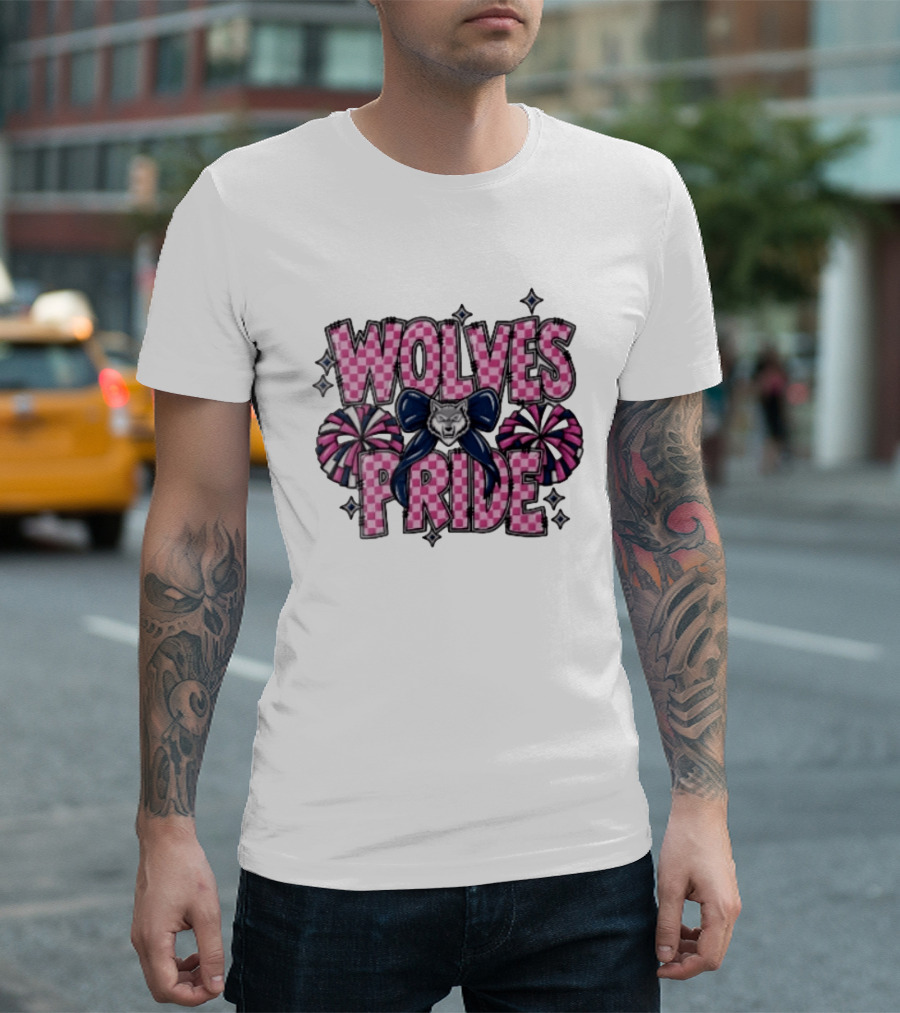 Wolves Pride Pink Checkered Cheerleading Pompoms And Wolf Bow T-Shirt