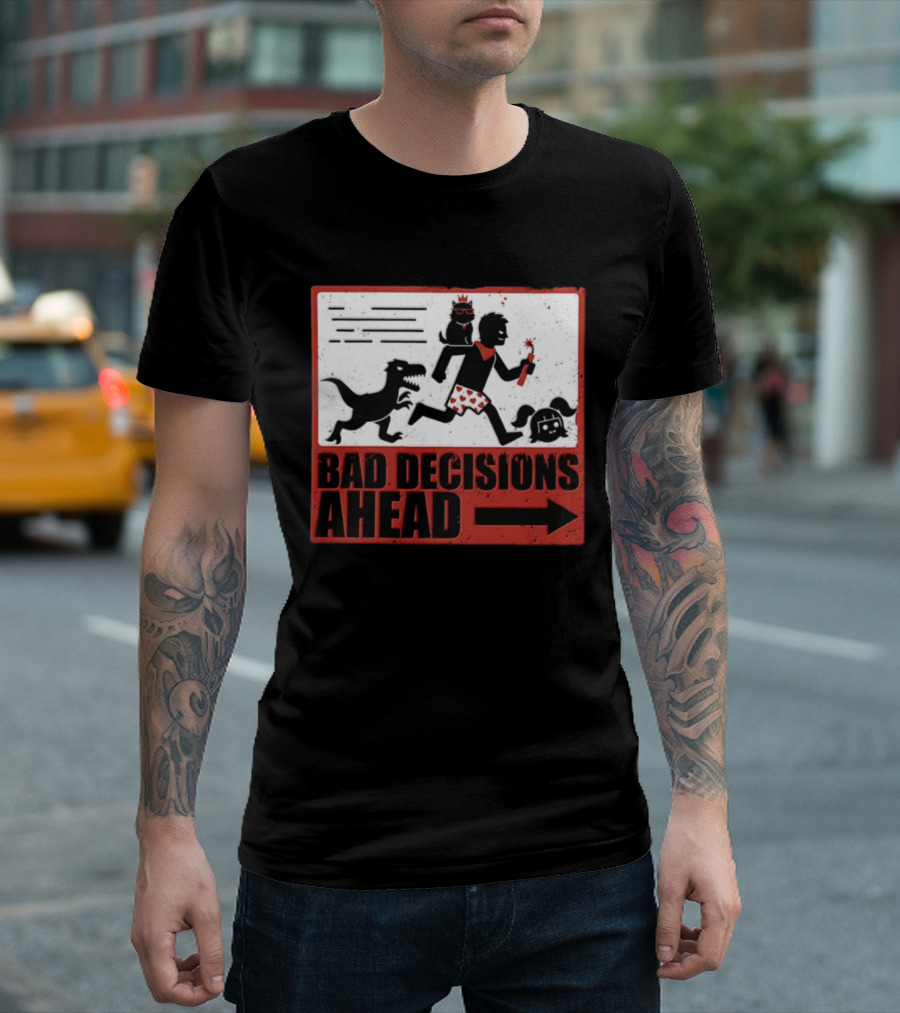 Bad Decisions Ahead Running From Dinosaur Distressed Humor T-Shirt