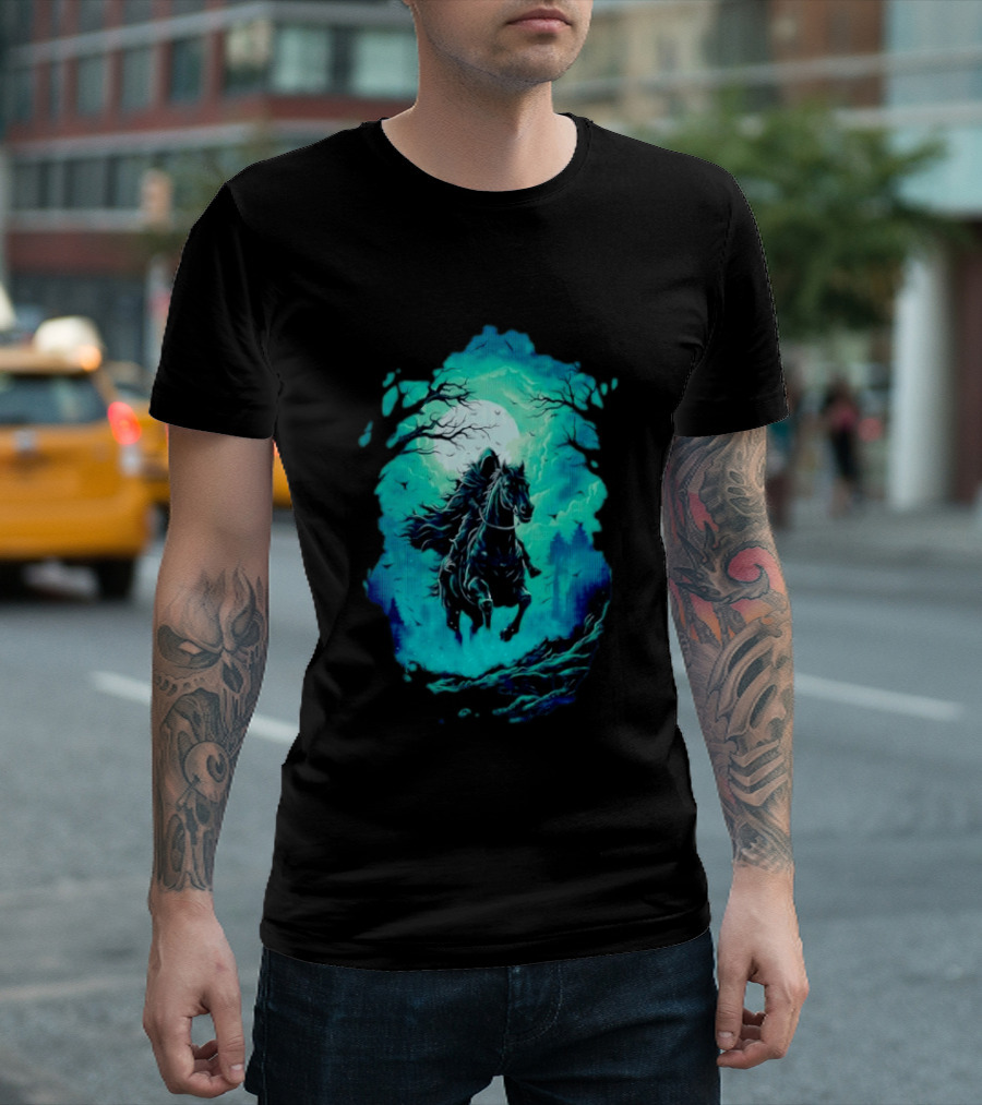 Headless Horseman Eerie Night Ride Through Spooky Forest T-Shirt