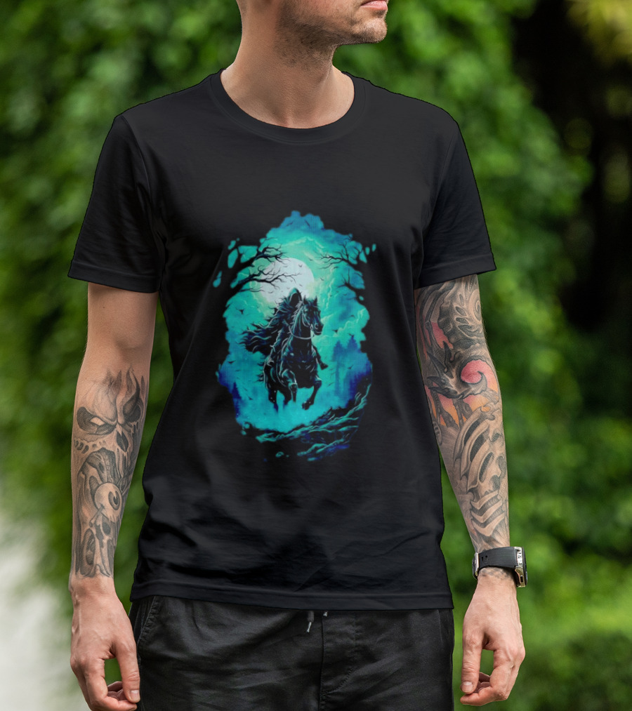 Headless Horseman Eerie Night Ride Through Spooky Forest T-Shirt