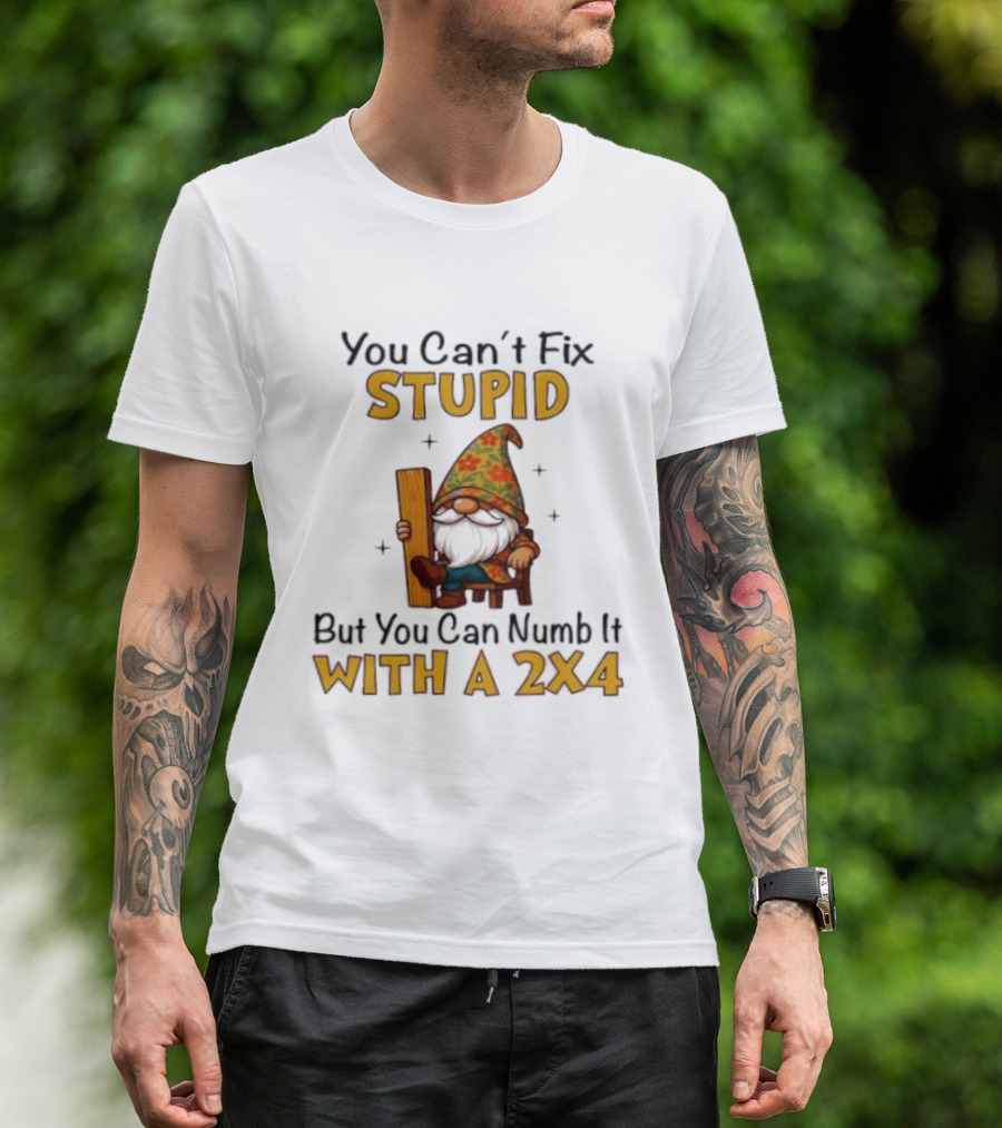 You Can't Fix Stupid But You Can Numb It With A 2x4 Gnome Holding Wood Humor T-Shirt