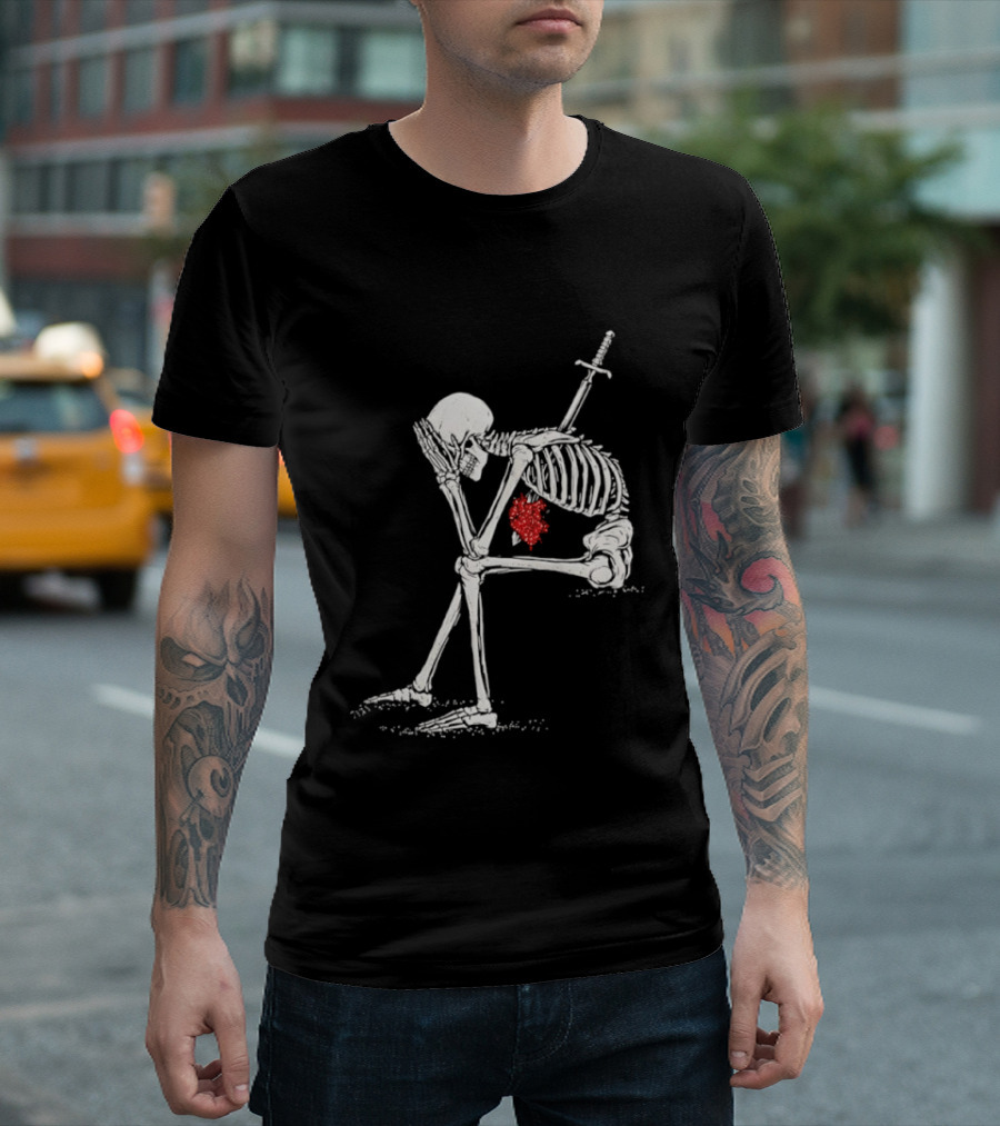 Sad Skeleton With Sword And Bleeding Heart Drawing T-Shirt
