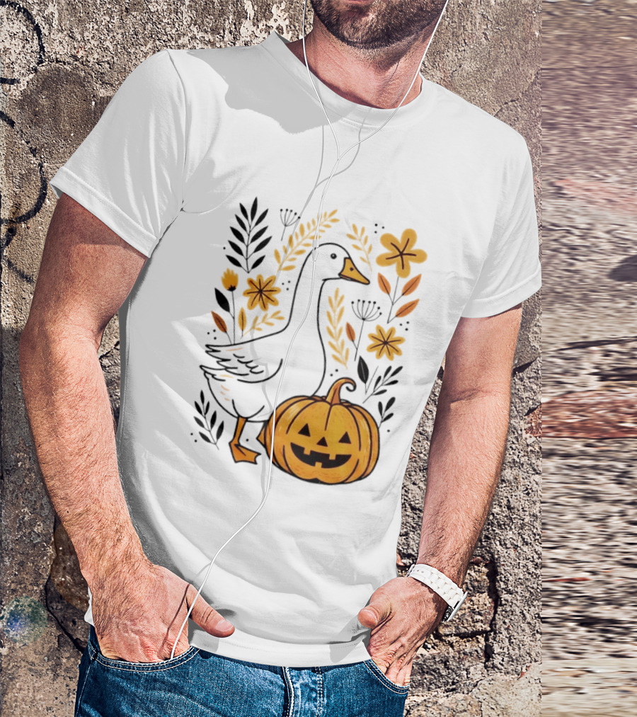 Pumpkin Jack O Lantern Goose Fall Farmhouse Floral Halloween T-Shirt