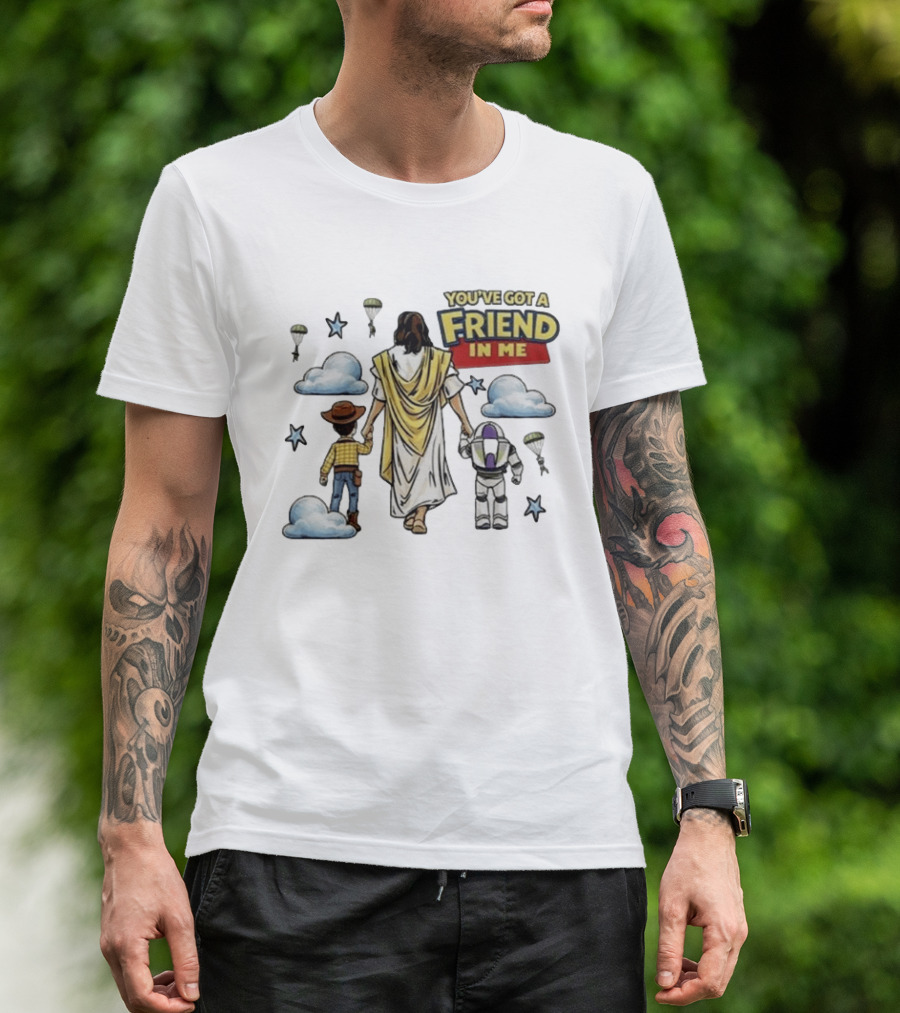 You've Got A Friend In Me Jesus Woody Buzz Lightyear Parachutes Clouds Stars T-Shirt