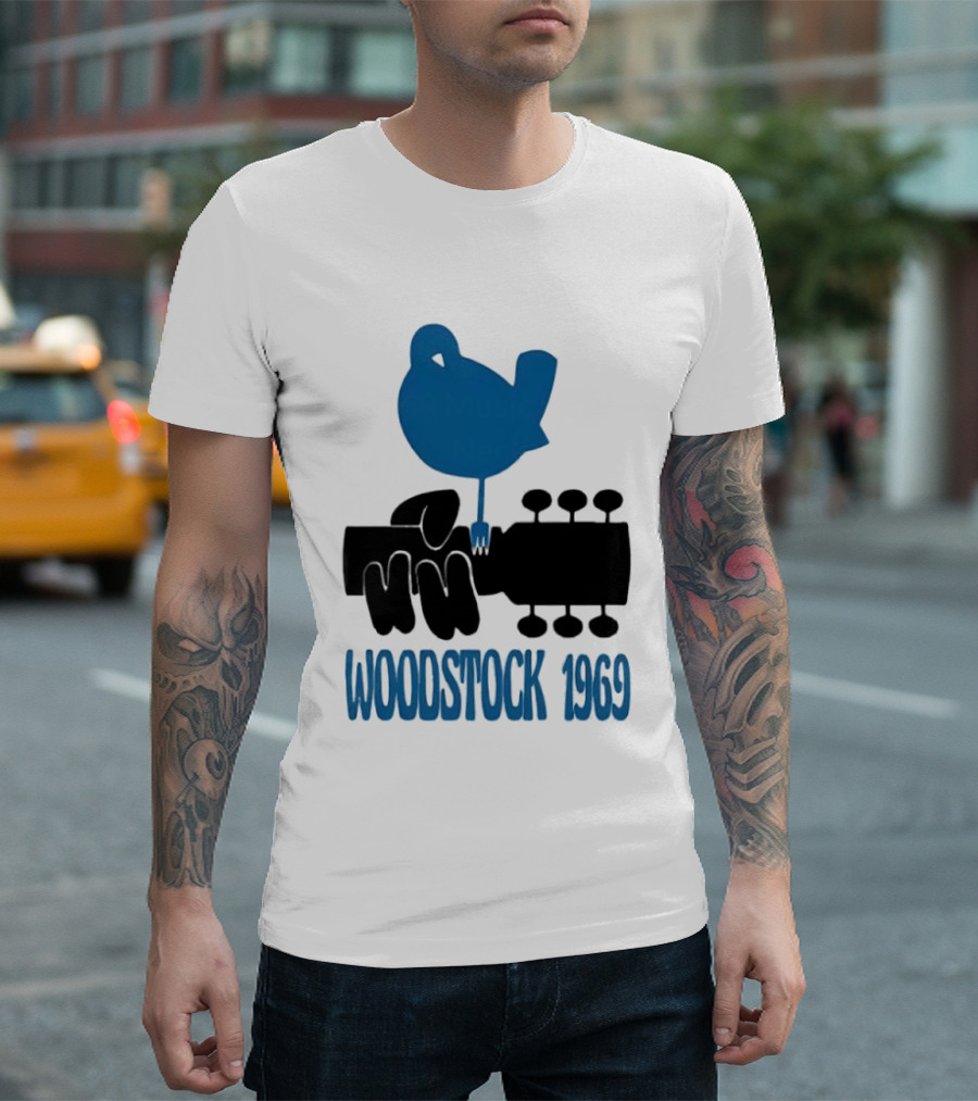 Woodstock 1969 Music Festival Bird On Guitar Neck T-Shirt