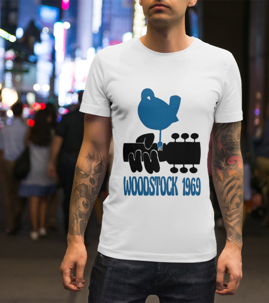 Woodstock 1969 Music Festival Bird On Guitar Neck T-Shirt