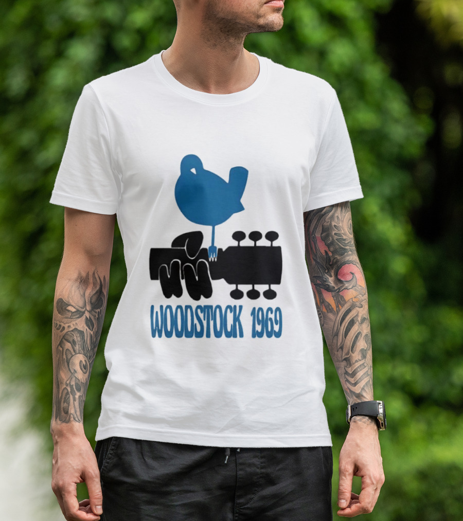 Woodstock 1969 Music Festival Bird On Guitar Neck T-Shirt