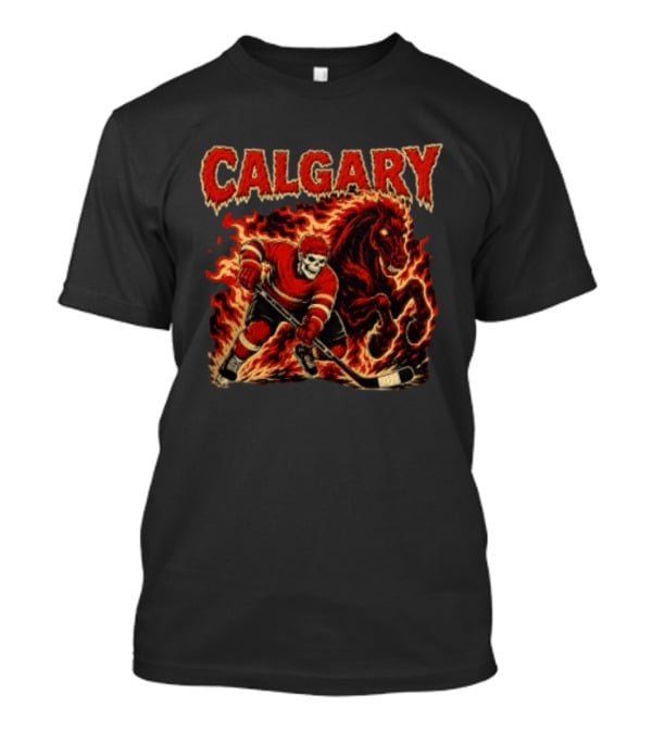 Calgary Flames Skeleton Hockey Player With Fiery Horse T-Shirt