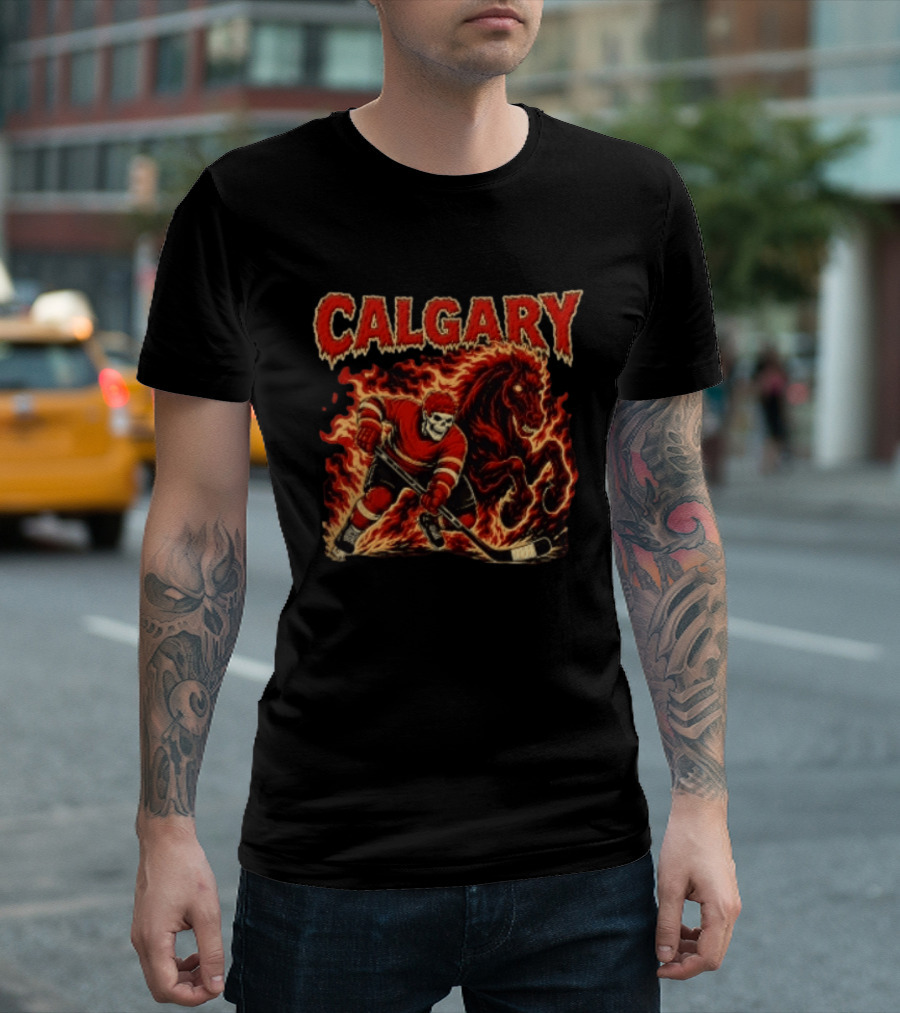 Calgary Flames Skeleton Hockey Player With Fiery Horse T-Shirt