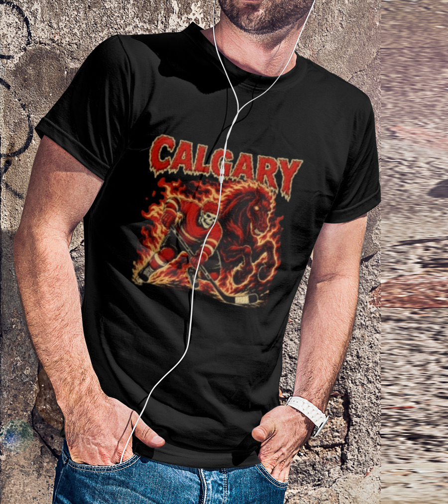 Calgary Flames Skeleton Hockey Player With Fiery Horse T-Shirt