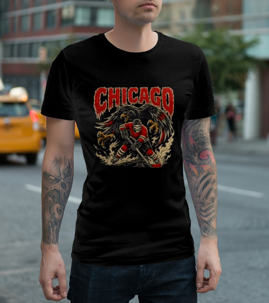 Chicago Blackhawks Skeleton Hockey Player With Hawk Wings T-Shirt