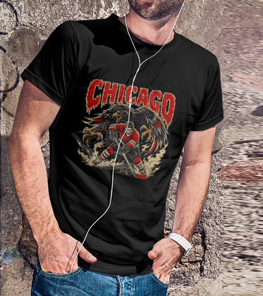 Chicago Blackhawks Skeleton Hockey Player With Hawk Wings T-Shirt