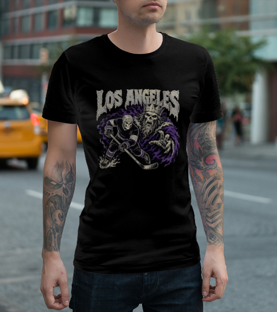 Los Angeles Kings Skeleton Hockey Player With Crowned King In Purple Cloak T-Shirt