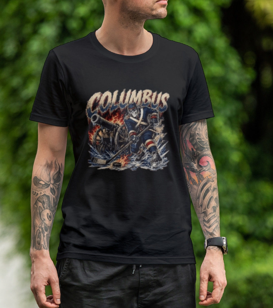 Columbus Blue Jackets Skeleton Hockey Player With Cannon And Ice T-Shirt