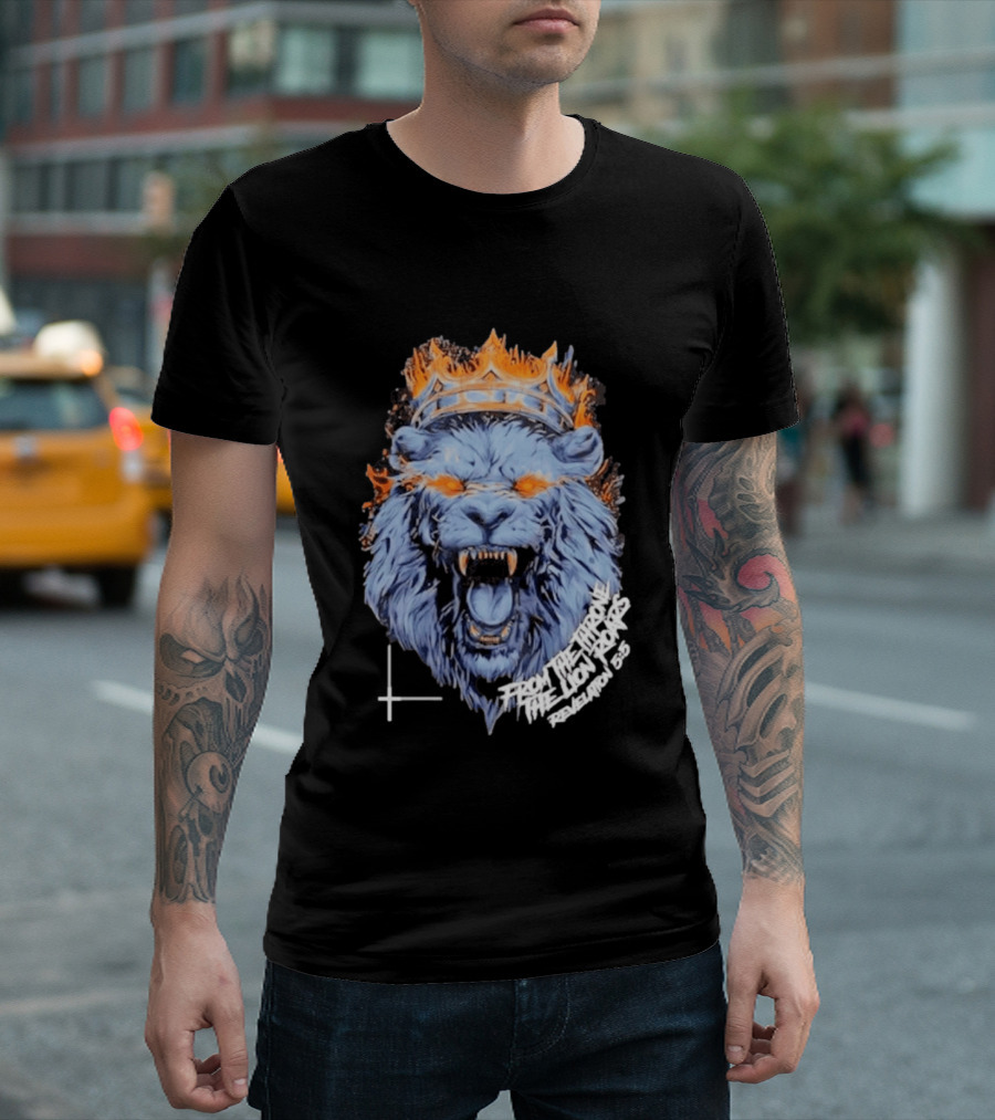 From The Throne The Lion Roars Revelation 5 5 Blue Flame Crown Lionhead T-Shirt