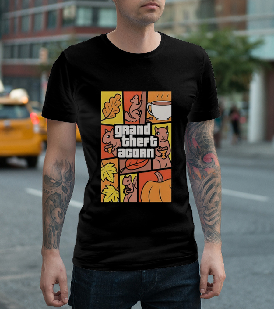 Grand Theft Acorn Autumn Squirrel Coffee Pumpkin Leaves T-Shirt