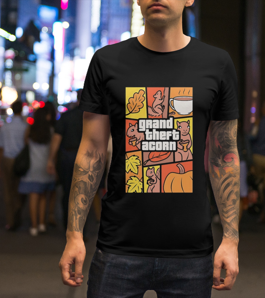 Grand Theft Acorn Autumn Squirrel Coffee Pumpkin Leaves T-Shirt