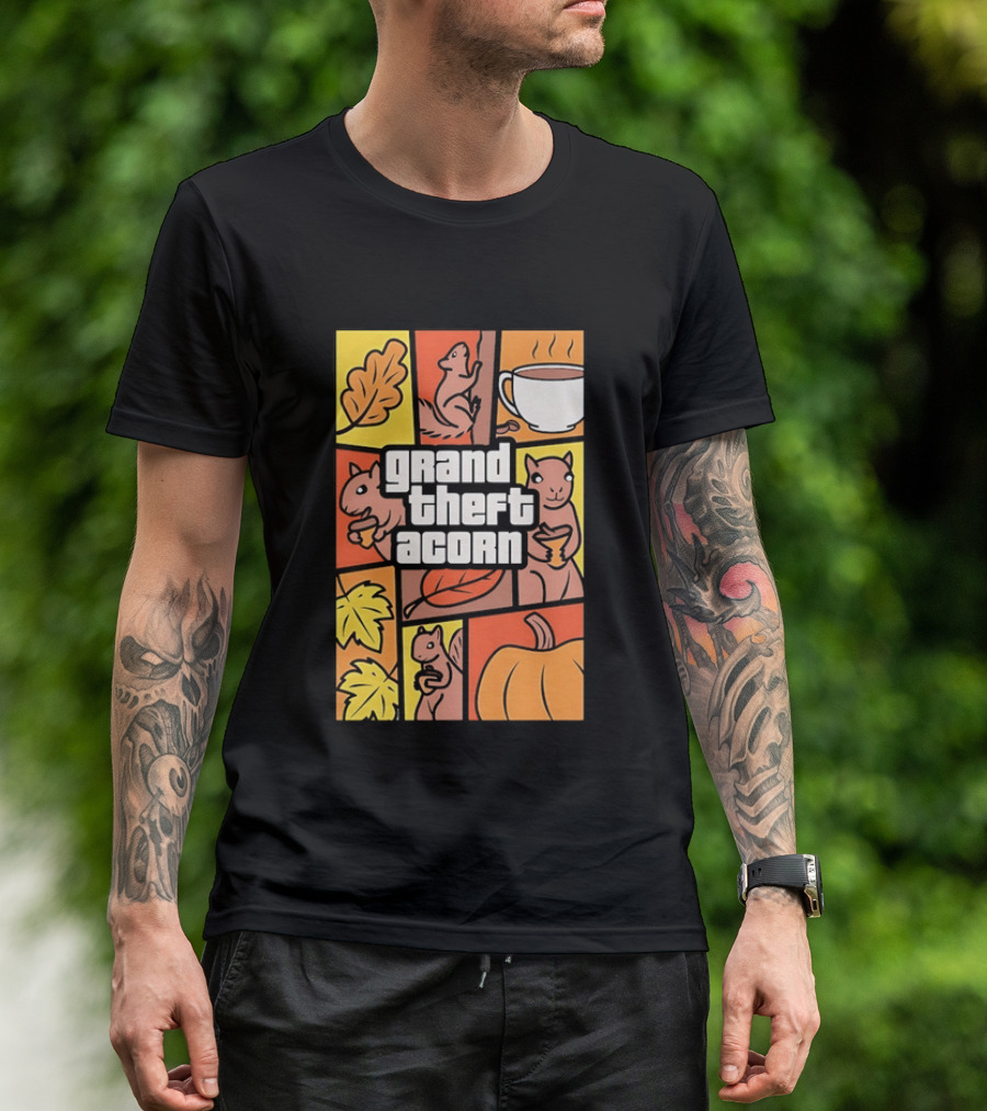 Grand Theft Acorn Autumn Squirrel Coffee Pumpkin Leaves T-Shirt