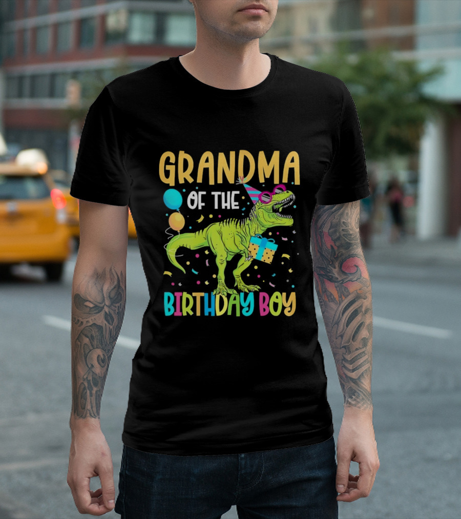 Grandma Of The Birthday Boy Dinosaur Party Balloons And Gift Celebration T-Shirt
