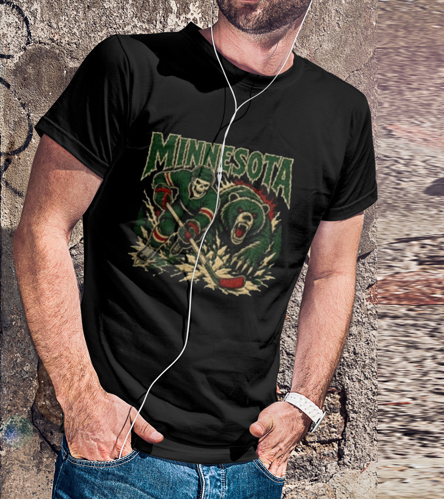 Minnesota Hockey Skeleton With Bear T-Shirt