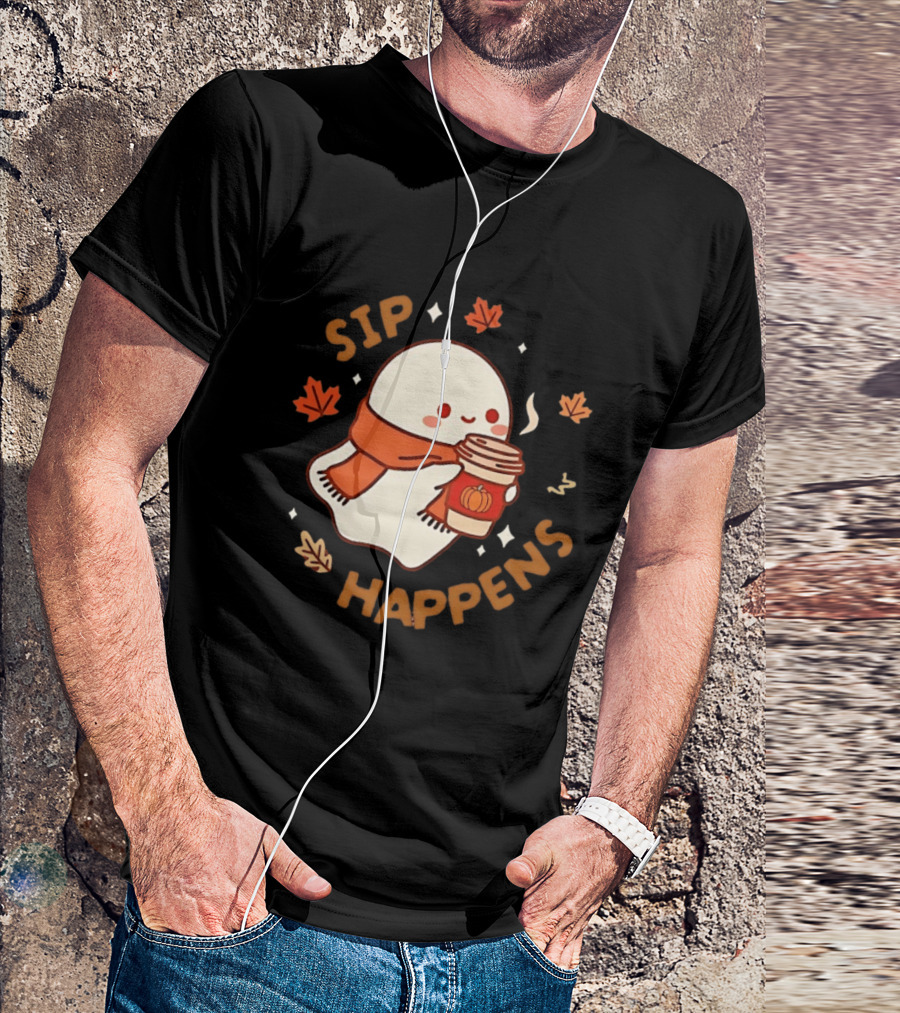 Sip Happens Ghost Pumpkin Spice Latte With Leaves And Scarf T-Shirt