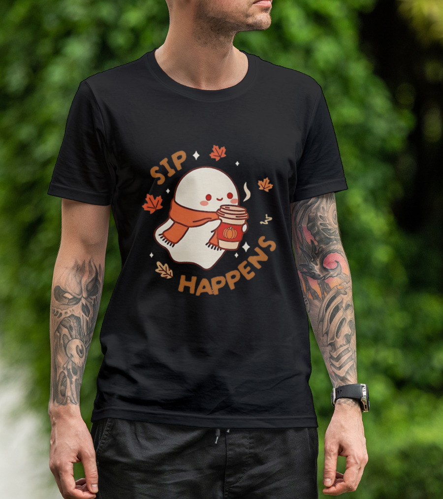 Sip Happens Ghost Pumpkin Spice Latte With Leaves And Scarf T-Shirt