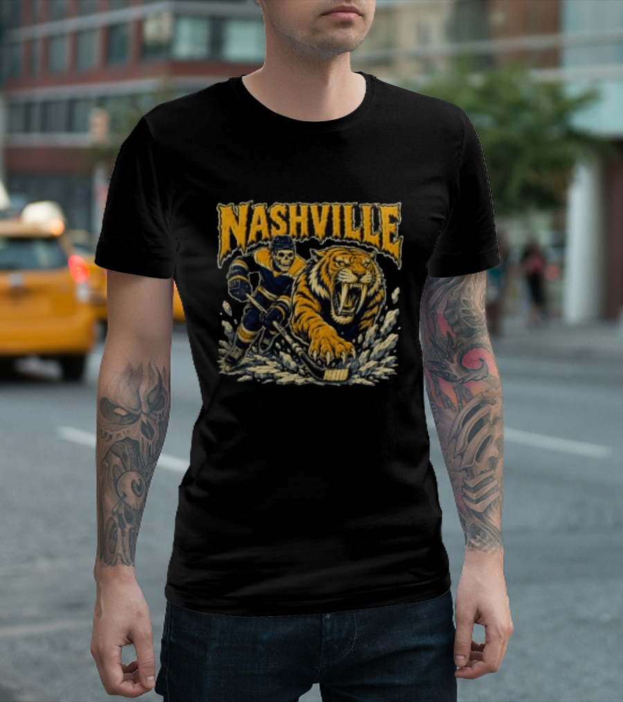 Nashville Hockey Skeleton Player With Fierce Tiger T-Shirt