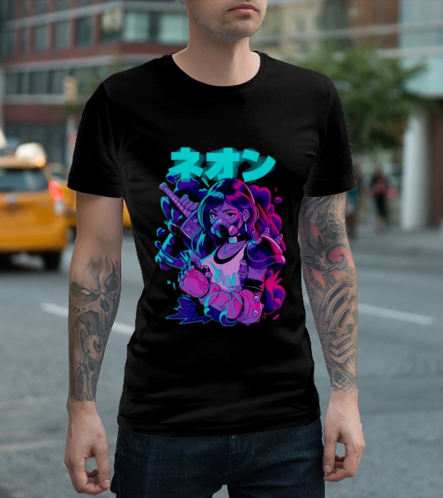 Neon Cyberpunk Anime Warrior Girl Futuristic Vaporwave Aesthetic T-Shirt